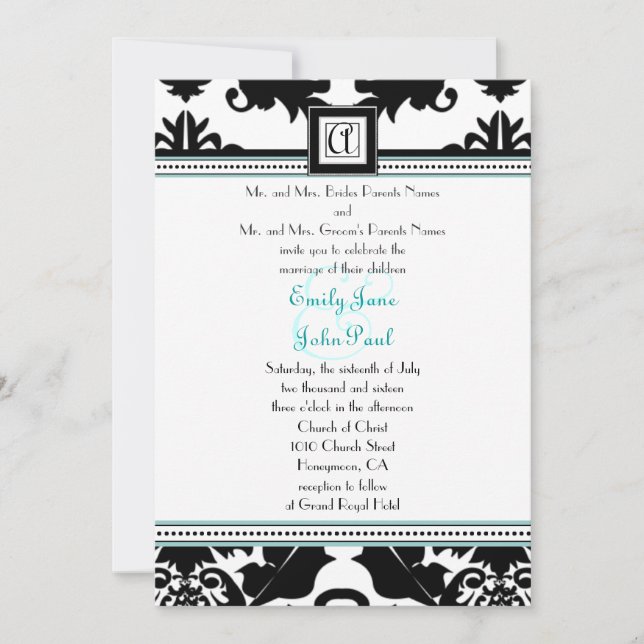 Damasco negro con invitación a la boda de Aqua Tri (Anverso)