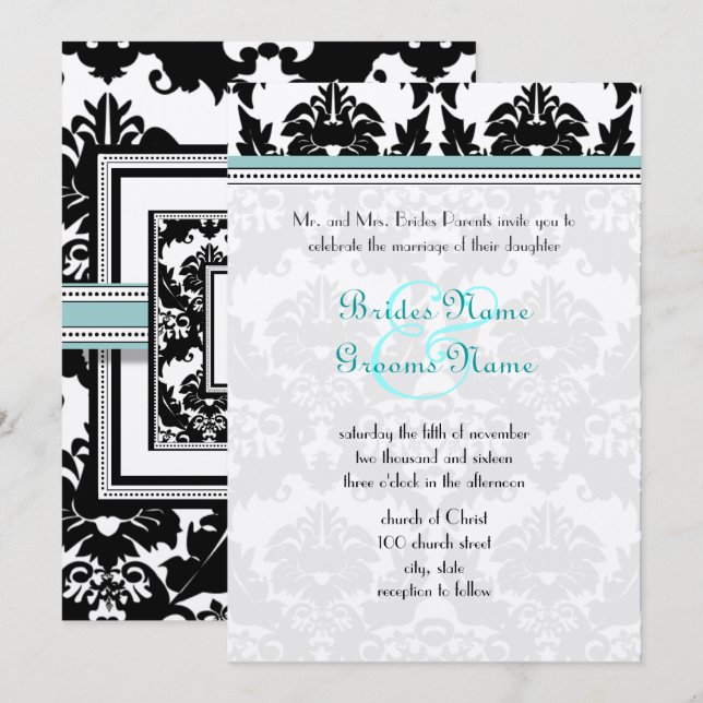 Damasco negro con invitación a la boda de Aqua Tri (Anverso / Reverso)