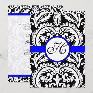 Damasco negro con invitaciones a la boda azul real