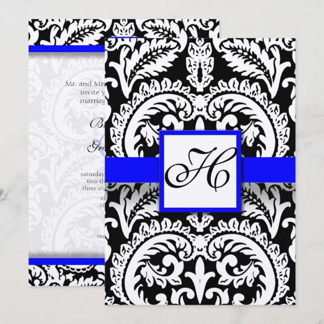 Damasco negro con invitaciones a la boda azul real (Anverso / Reverso)