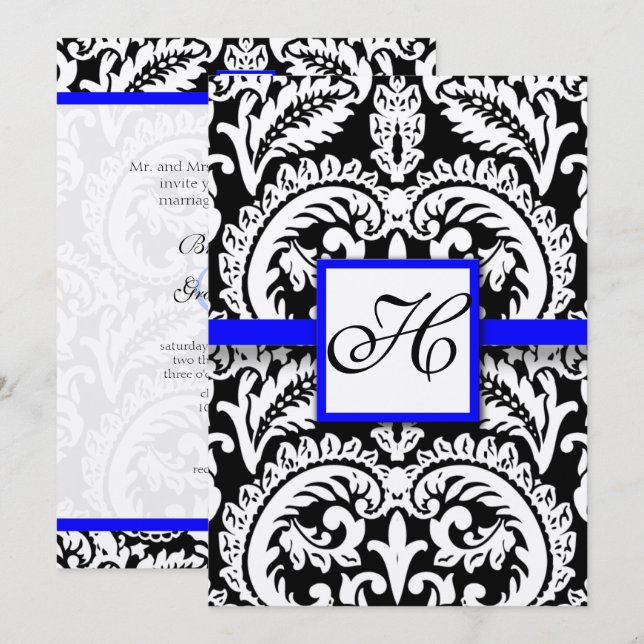 Damasco negro con invitaciones a la boda azul real (Anverso / Reverso)