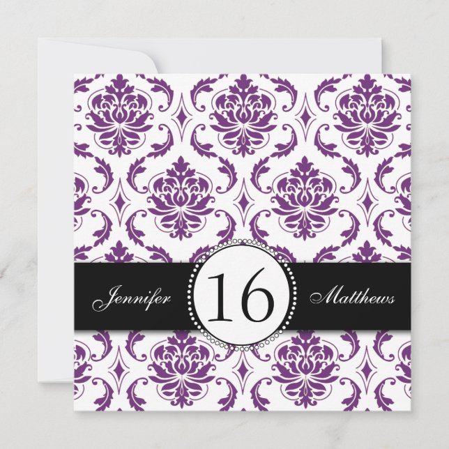 Damasco Negro Morado Dulce Dieciséis Invitaciones (Anverso)