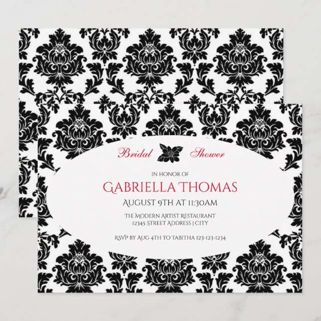 Damasco negro y flores - Invitación a la ducha de  (Anverso / Reverso)