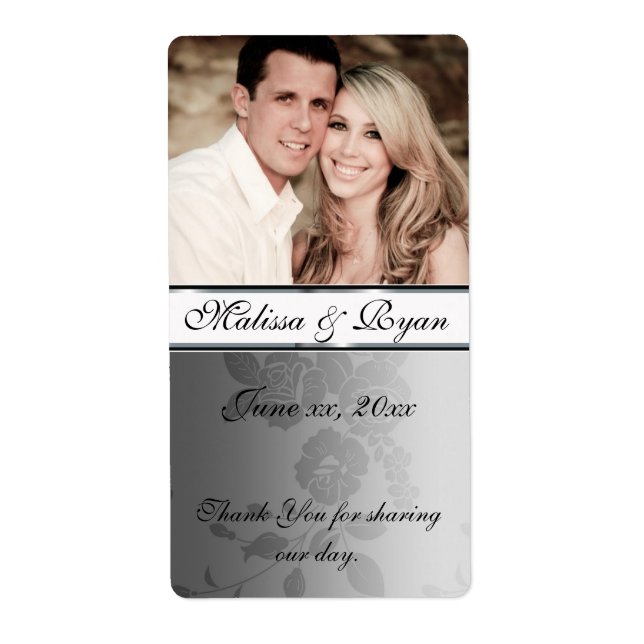 Damasco plateado con etiqueta de vino boda (Frente)