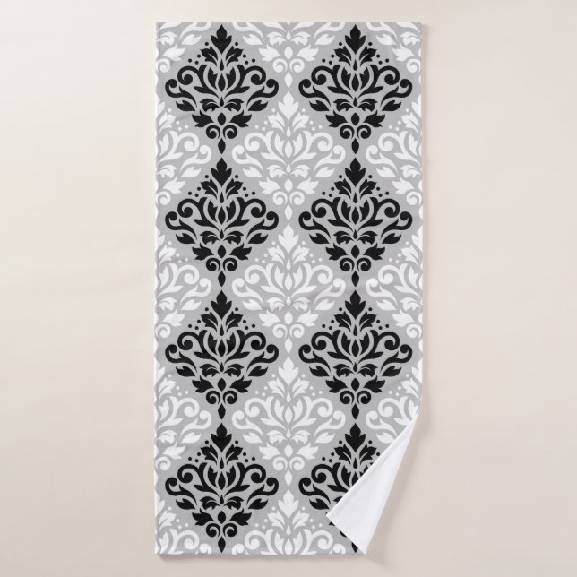 Damasco Ptn grande B&W de la voluta en gris (Toalla de baño)