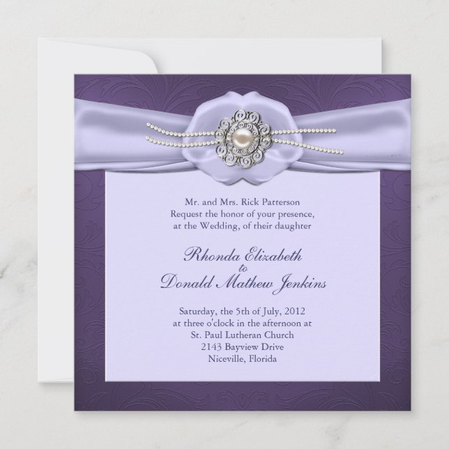 Damasco púrpura y perlas que casan la invitación (Anverso)