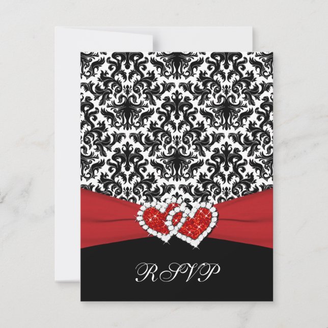 Damasco rojo blanco negro, tarjeta RSVP de corazón (Anverso)