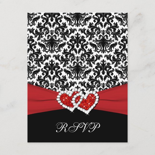 Damasco rojo blanco negro, tarjeta RSVP de corazón (Anverso)