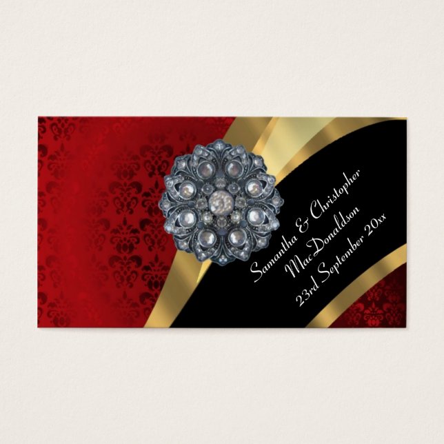 damasco rojo, etiqueta de favor de boda dorada (Frente)