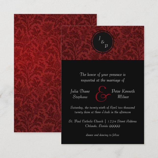 Damasco rojo y arco rojo - Invitación de matrimoni (Anverso / Reverso)