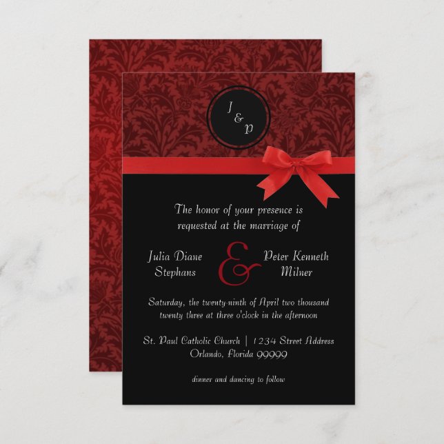 Damasco rojo y arco rojo - Invitación de matrimoni (Anverso / Reverso)