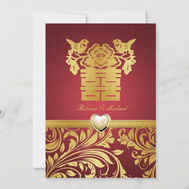 Damasco rojo y oro, doble invitación china de feli (Anverso)
