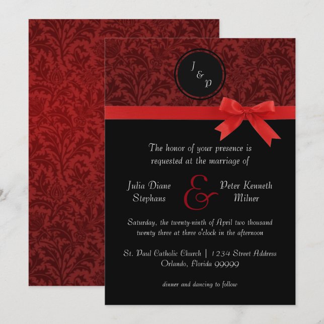 Damasco rojo y reverso rojo - Invitación a la boda (Anverso / Reverso)