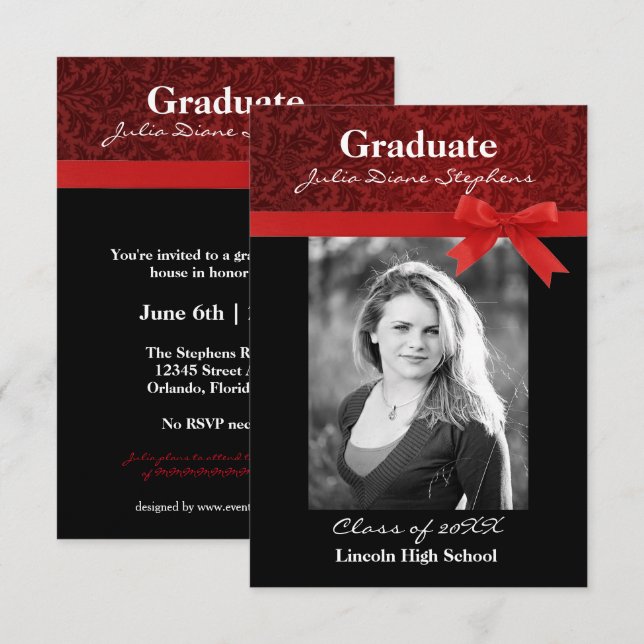 Damasco rojo y reverso rojo - Invitación de gradua (Anverso / Reverso)