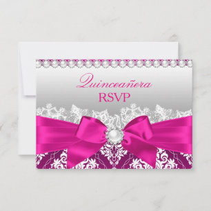 Damasco rosa caliente y Pearl Bow Quinceanera RSVP