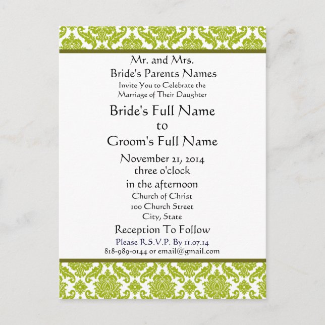 Damasco verde animado en la invitación a la boda b (Anverso)