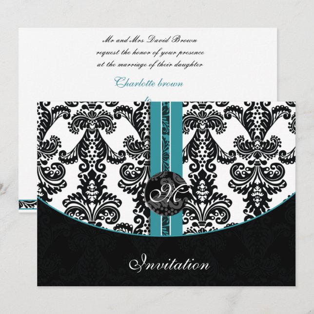 damask aqua boda monograma invitación (Anverso / Reverso)