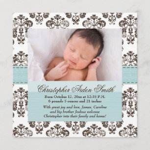 Damask Baby Invitación Azul y Marrón