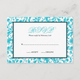 Damask Bat Mitzvah RSVP de Swirl verde azulado y n