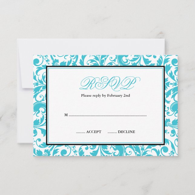 Damask Bat Mitzvah RSVP de Swirl verde azulado y n (Anverso)