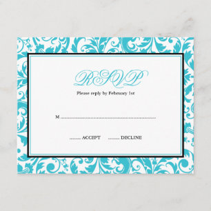 Damask Bat Mitzvah RSVP de Swirl verde azulado y n