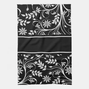 Damask Floral Kitchen Toallas (2) Blanco Gris Negr