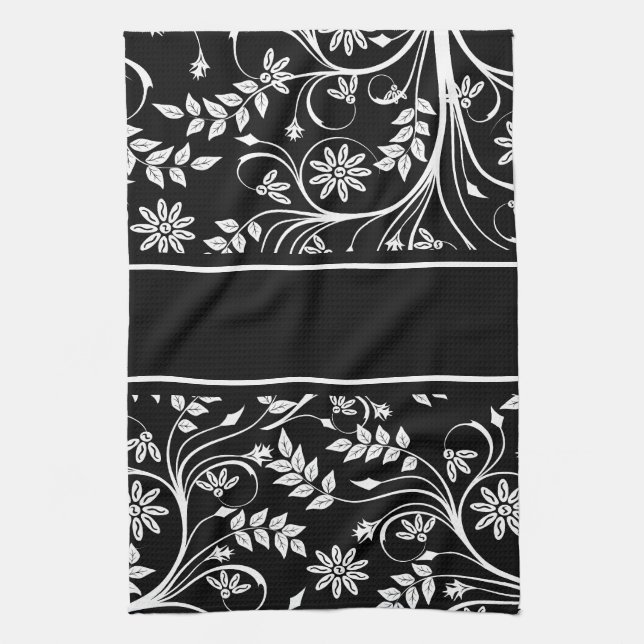 Damask Floral Kitchen Toallas (2) Blanco Gris Negr (Vertical)