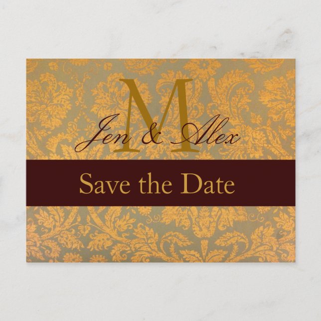 Damask Gold Save the Date Monogram Anuncio (Anverso)