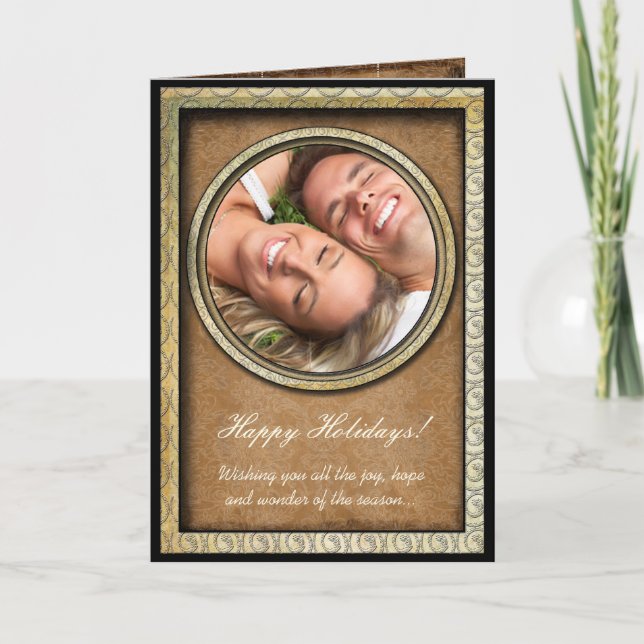 Damask Happy Holidays Gold Frame Tu tarjeta de fot (Anverso)