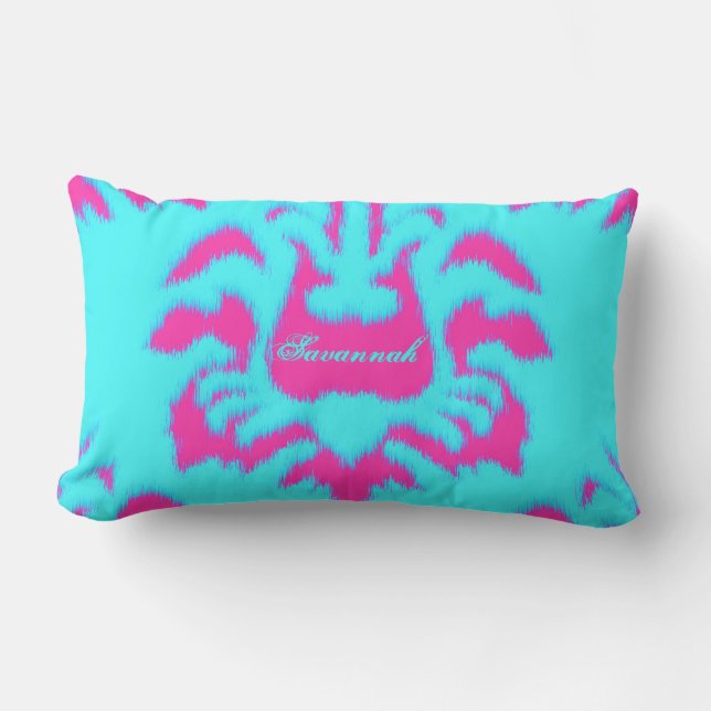 Damask Ikat Brillante Aqua y Almohada Rosa Calient (Anverso)