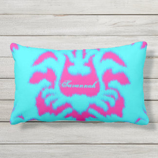 Damask Ikat Brillante Aqua y Almohada Rosa Calient