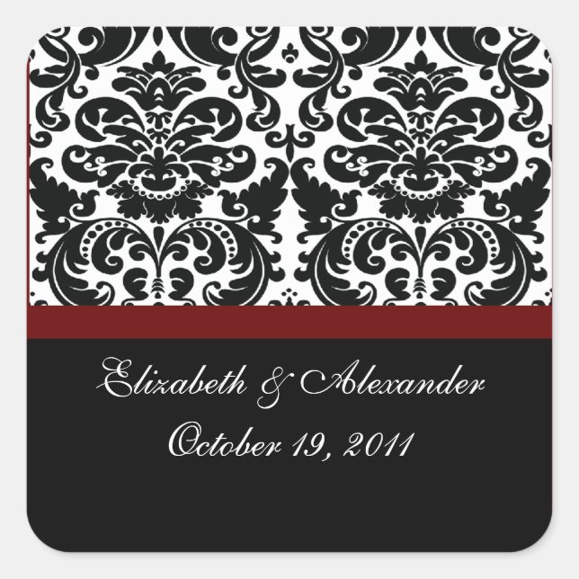 Damask Merlot Red Bridal Shower Square Pegatina (Anverso)