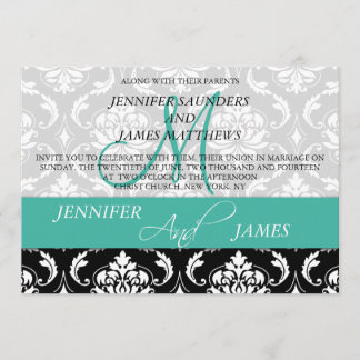 Damask Monograma Nombres Turquesa Invitación a la 