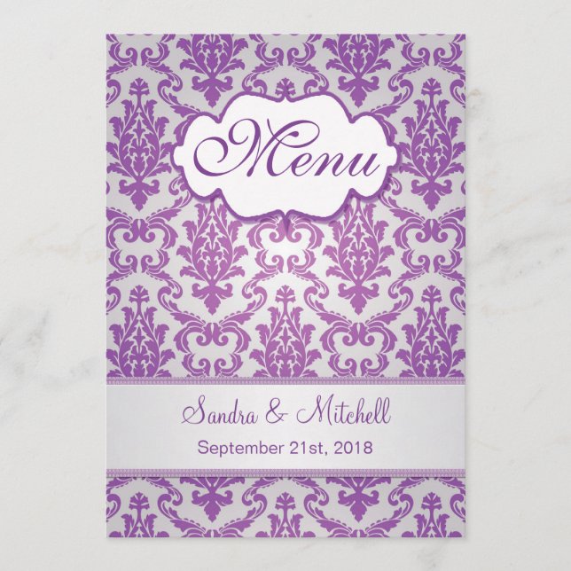 Damask morado en el menú Boda plateado (Anverso)