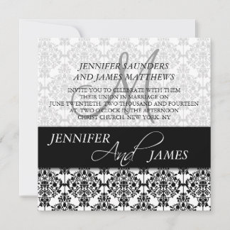 Damask Negro 5 Monograma Nombre Invitaciones de ma