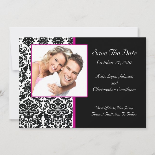 Damask Photo Save the Date HOT PINK Invitación (Anverso)