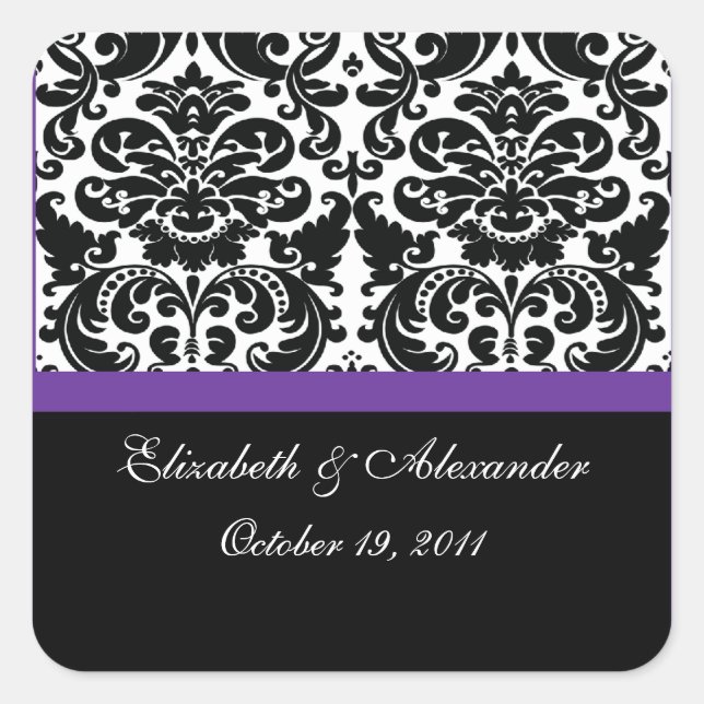 Damask Purple Bridal Shower Square Pegatina (Anverso)
