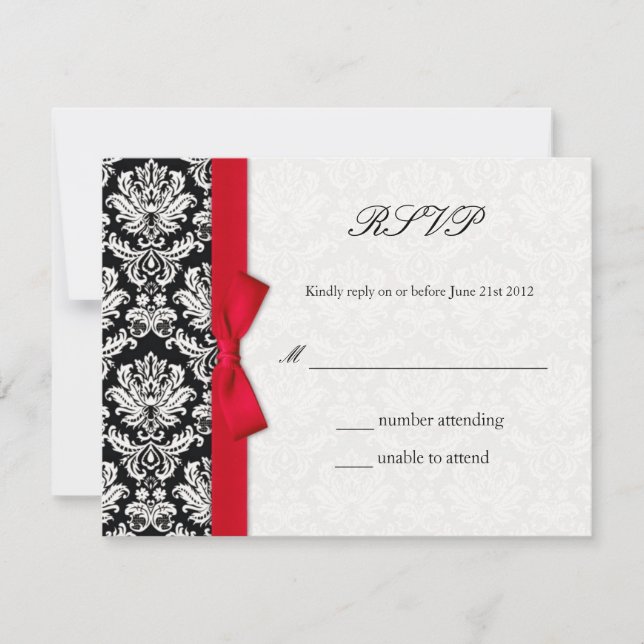Damask Red Bow Wedding RSVP Card (Anverso)
