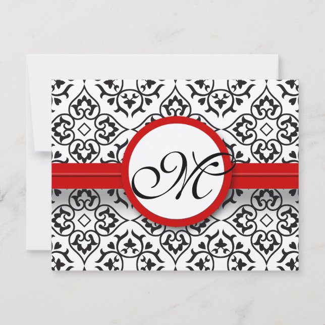 Damask Side Borders Red Trim Wedding RSVP (Anverso)