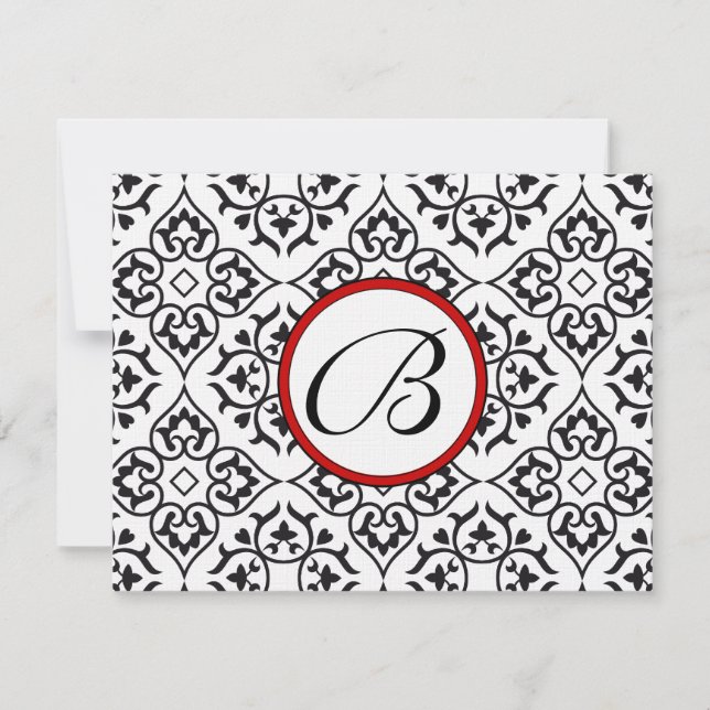 Damask Side Borders Red Trim Wedding RSVP (Anverso)