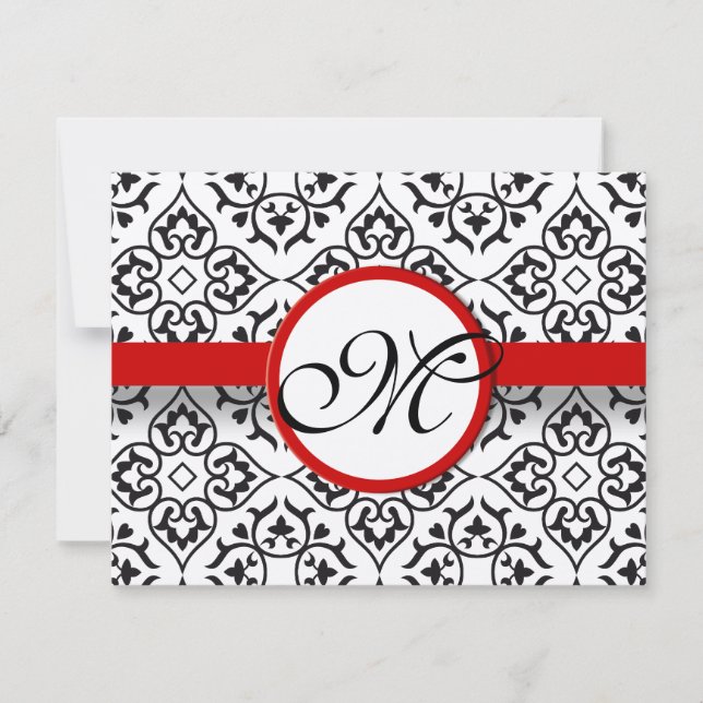 Damask Side Borders Red Trim Wedding RSVP (Anverso)