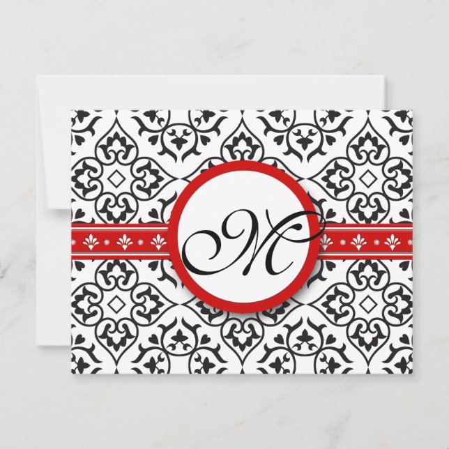 Damask Side Borders Red Trim Wedding RSVP (Anverso)