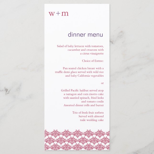 Damask Simplicity Berry Purple Boda Menu (Anverso)
