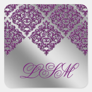 Damask Wedding Pegatinas Purple Inicial Sparkle