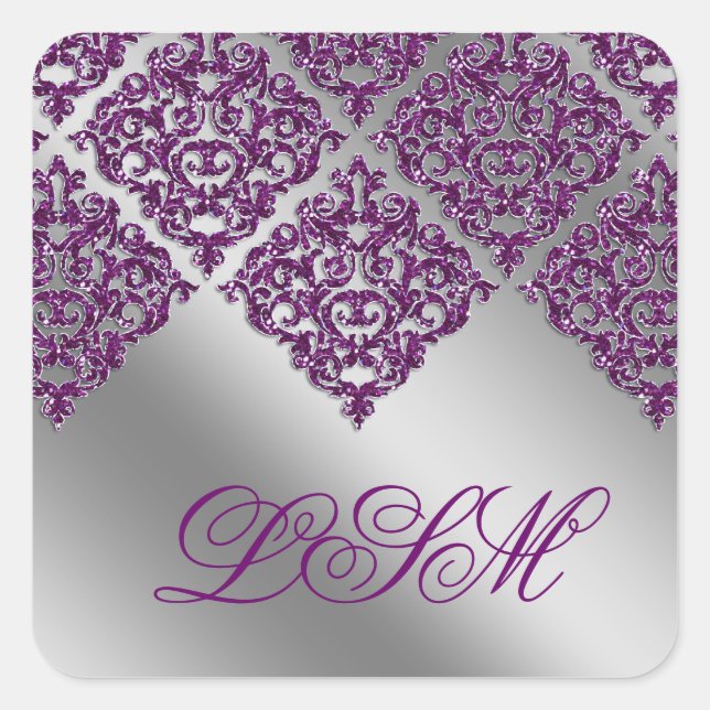 Damask Wedding Pegatinas Purple Inicial Sparkle (Anverso)