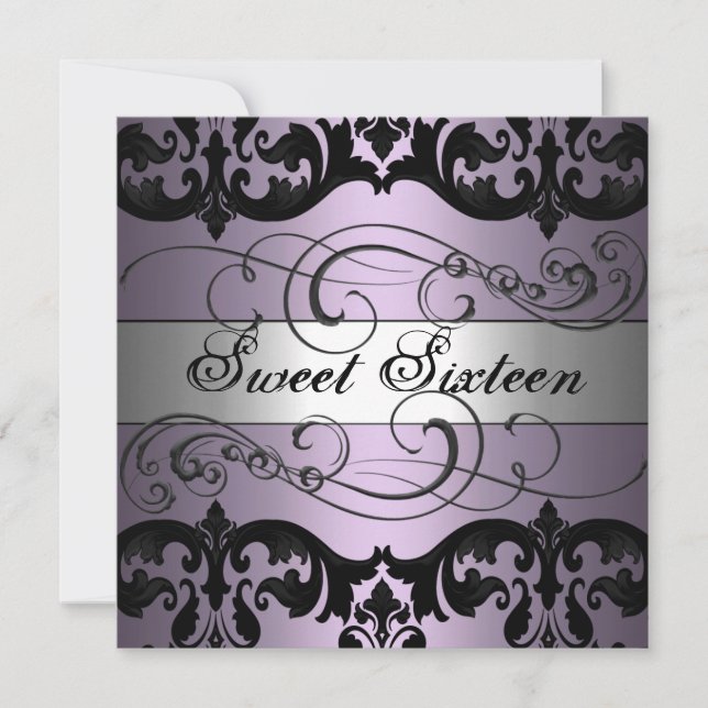 Dámpara morado/plateado Dulce 16 Invitación de cum (Anverso)
