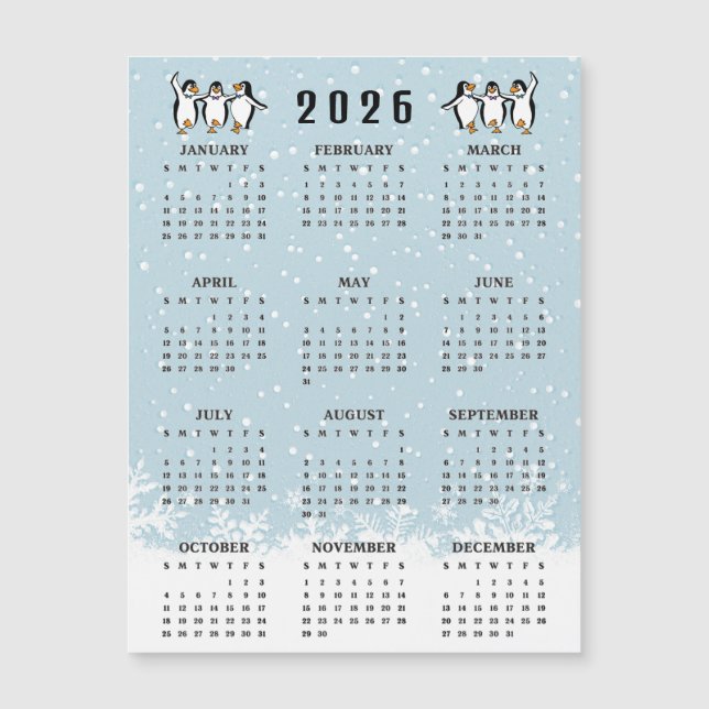Dancing Penguins 2026 Calendar Magnetic Card (Anverso)