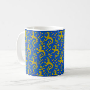 dande-lions medievales sobre tazas de café azules