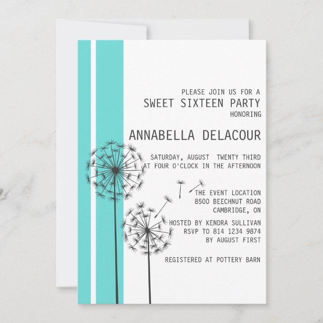 Dandelions Blue Sweet Dieciséis Invitaciones (Anverso)