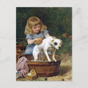 Dando al perro una bañera - postal de perro de épo
